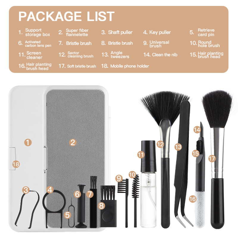 18 viename Kompiuterio klaviatūros valymo rinkinys Telefono planšetės fotoaparato ekrano valymo įrankiai Ausinių valymo šepetėlis Klaviatūros dangtelio ištraukiklis telefono laikiklis