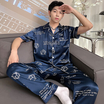 Šilko vyriškos didelės pižamos trumpomis rankovėmis Vyriškos miegui namų drabužiai Satino kelnės Juostelės tėčio pižamos rinkinys Didelis dydis 4XL 7XL