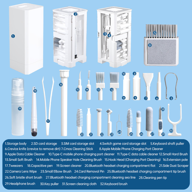 32 u 1 komplet za čišćenje, četka za čišćenje tipkovnice računala, slušalice, olovka za čišćenje za slušalice, iPad, telefon, alati za čišćenje, izvlakač tipki
