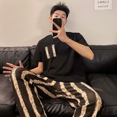 Vasaros vyriškos medvilnės pižamos rinkinys trumpomis rankovėmis ilgomis kelnėmis L-3XL Laisvi laisvalaikio namų apranga Jauno berniuko namų drabužiai Hombre pižamos