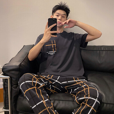 Vasaros vyriškos medvilnės pižamos rinkinys trumpomis rankovėmis ilgomis kelnėmis L-3XL Laisvi laisvalaikio namų apranga Jauno berniuko namų drabužiai Hombre pižamos