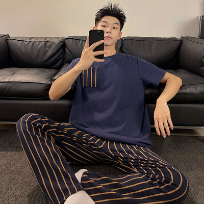 Vasaros vyriškos medvilnės pižamos rinkinys trumpomis rankovėmis ilgomis kelnėmis L-3XL Laisvi laisvalaikio namų apranga Jauno berniuko namų drabužiai Hombre pižamos