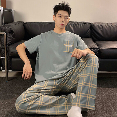 Vasaros vyriškos medvilnės pižamos rinkinys trumpomis rankovėmis ilgomis kelnėmis L-3XL Laisvi laisvalaikio namų apranga Jauno berniuko namų drabužiai Hombre pižamos