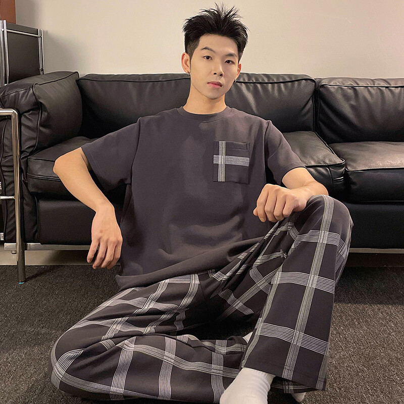 Vasaros vyriškos medvilnės pižamos rinkinys trumpomis rankovėmis ilgomis kelnėmis L-3XL Laisvi laisvalaikio namų apranga Jauno berniuko namų drabužiai Hombre pižamos