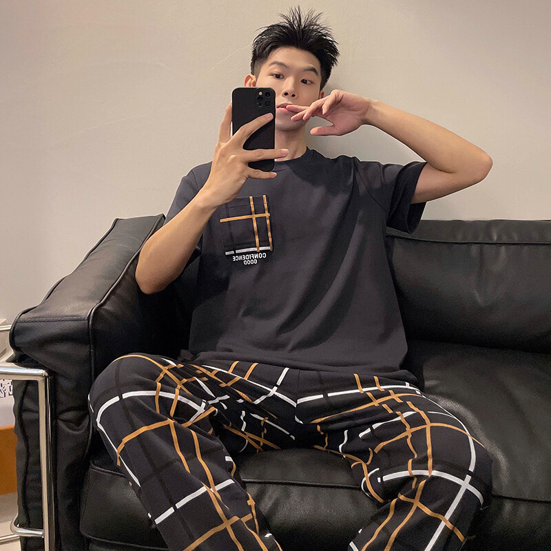 Vasaros vyriškos medvilnės pižamos rinkinys trumpomis rankovėmis ilgomis kelnėmis L-3XL Laisvi laisvalaikio namų apranga Jauno berniuko namų drabužiai Hombre pižamos