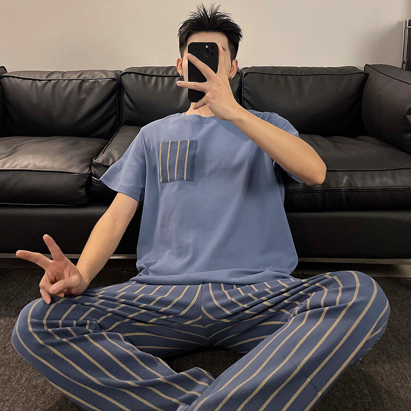 Vasaros vyriškos medvilnės pižamos rinkinys trumpomis rankovėmis ilgomis kelnėmis L-3XL Laisvi laisvalaikio namų apranga Jauno berniuko namų drabužiai Hombre pižamos