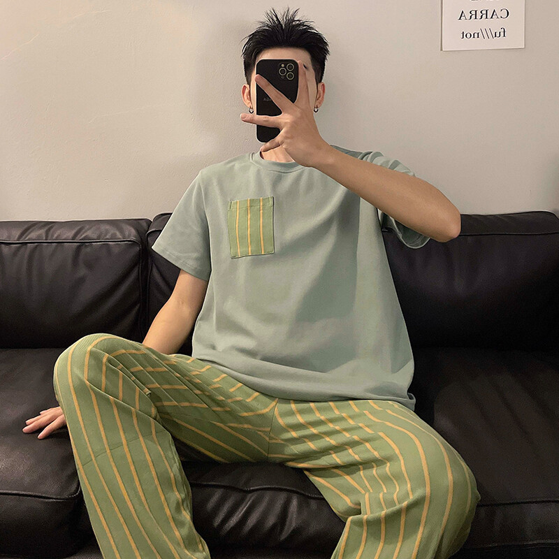 Vasaros vyriškos medvilnės pižamos rinkinys trumpomis rankovėmis ilgomis kelnėmis L-3XL Laisvi laisvalaikio namų apranga Jauno berniuko namų drabužiai Hombre pižamos