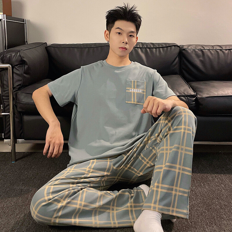 Vasaros vyriškos medvilnės pižamos rinkinys trumpomis rankovėmis ilgomis kelnėmis L-3XL Laisvi laisvalaikio namų apranga Jauno berniuko namų drabužiai Hombre pižamos