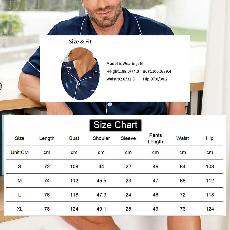 Muška satenska pidžama kratkih rukava Ljetna spavaćica za muškarce Košulja na kopčanje i kratke hlače s elastičnim strukom Pidžama Kućna odjeća 2 komada