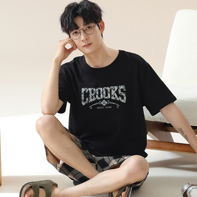 Új nyári férfi műpamut pizsama rövid ujjú rövidnadrág háziruha fiúknak plusz méretű L-3XL Fiatal férfi pizsama pulóver hálóruha