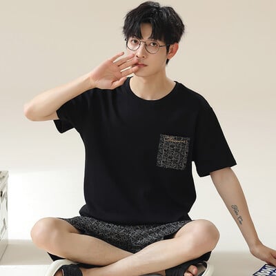 Új nyári férfi műpamut pizsama rövid ujjú rövidnadrág háziruha fiúknak plusz méretű L-3XL Fiatal férfi pizsama pulóver hálóruha