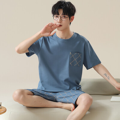 Új nyári férfi műpamut pizsama rövid ujjú rövidnadrág háziruha fiúknak plusz méretű L-3XL Fiatal férfi pizsama pulóver hálóruha