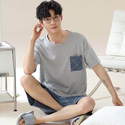 Új nyári férfi műpamut pizsama rövid ujjú rövidnadrág háziruha fiúknak plusz méretű L-3XL Fiatal férfi pizsama pulóver hálóruha