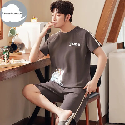 Vasaros megztos medvilnės trumpomis rankovėmis vyriškų pižamų rinkiniai Vyriški pižamų rinkiniai su raidėmis Pižama vyrams Miego kostiumas Kostiumas Naminiai drabužiai Dydis xXXXL