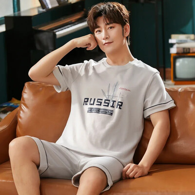 Vasaros megztos medvilnės trumpomis rankovėmis vyriškų pižamų rinkiniai Vyriški pižamų rinkiniai su raidėmis Pižama vyrams Miego kostiumas Kostiumas Naminiai drabužiai Dydis xXXXL