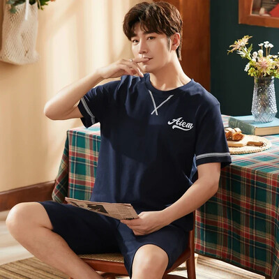 Vasaros megztos medvilnės trumpomis rankovėmis vyriškų pižamų rinkiniai Vyriški pižamų rinkiniai su raidėmis Pižama vyrams Miego kostiumas Kostiumas Naminiai drabužiai Dydis xXXXL