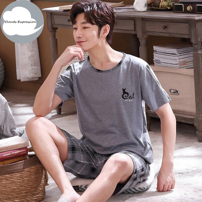 Vasaros megztos medvilnės trumpomis rankovėmis vyriškų pižamų rinkiniai Vyriški pižamų rinkiniai su raidėmis Pižama vyrams Miego kostiumas Kostiumas Naminiai drabužiai Dydis xXXXL