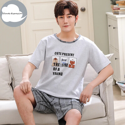 Vasaros megztos medvilnės trumpomis rankovėmis vyriškų pižamų rinkiniai Vyriški pižamų rinkiniai su raidėmis Pižama vyrams Miego kostiumas Kostiumas Naminiai drabužiai Dydis xXXXL