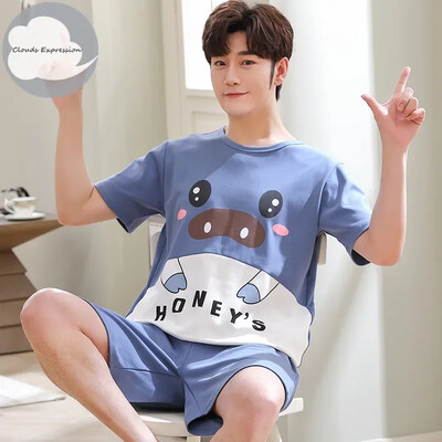 Vasaros megztos medvilnės trumpomis rankovėmis vyriškų pižamų rinkiniai Vyriški pižamų rinkiniai su raidėmis Pižama vyrams Miego kostiumas Kostiumas Naminiai drabužiai Dydis xXXXL