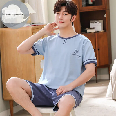 Vasaros megztos medvilnės trumpomis rankovėmis vyriškų pižamų rinkiniai Vyriški pižamų rinkiniai su raidėmis Pižama vyrams Miego kostiumas Kostiumas Naminiai drabužiai Dydis xXXXL