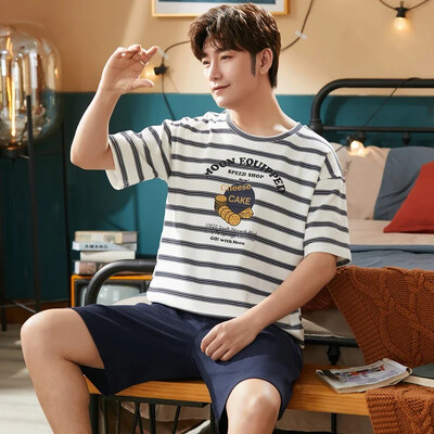 Vasaros megztos medvilnės trumpomis rankovėmis vyriškų pižamų rinkiniai Vyriški pižamų rinkiniai su raidėmis Pižama vyrams Miego kostiumas Kostiumas Naminiai drabužiai Dydis xXXXL