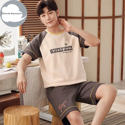 Vasaros megztos medvilnės trumpomis rankovėmis vyriškų pižamų rinkiniai Vyriški pižamų rinkiniai su raidėmis Pižama vyrams Miego kostiumas Kostiumas Naminiai drabužiai Dydis xXXXL