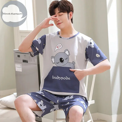 Vasaros megztos medvilnės trumpomis rankovėmis vyriškų pižamų rinkiniai Vyriški pižamų rinkiniai su raidėmis Pižama vyrams Miego kostiumas Kostiumas Naminiai drabužiai Dydis xXXXL