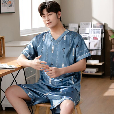 Seturi de pijamale din mătase, bărbați, două piese, pijamale, cu mâneci scurte, pantaloni scurți, haine de vară, cu imprimeu, îmbrăcăminte de noapte, de înaltă calitate, pijamale subțiri