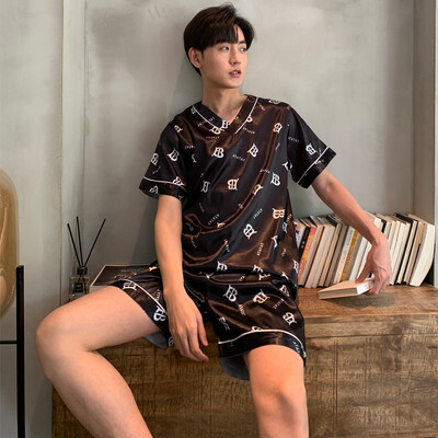 Seturi de pijamale din mătase, bărbați, două piese, pijamale, cu mâneci scurte, pantaloni scurți, haine de vară, cu imprimeu, îmbrăcăminte de noapte, de înaltă calitate, pijamale subțiri