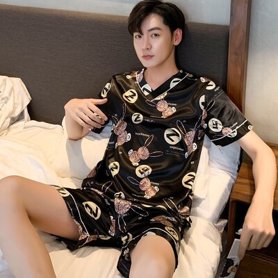 Seturi de pijamale din mătase, bărbați, două piese, pijamale, cu mâneci scurte, pantaloni scurți, haine de vară, cu imprimeu, îmbrăcăminte de noapte, de înaltă calitate, pijamale subțiri