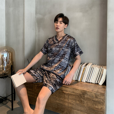 Seturi de pijamale din mătase, bărbați, două piese, pijamale, cu mâneci scurte, pantaloni scurți, haine de vară, cu imprimeu, îmbrăcăminte de noapte, de înaltă calitate, pijamale subțiri