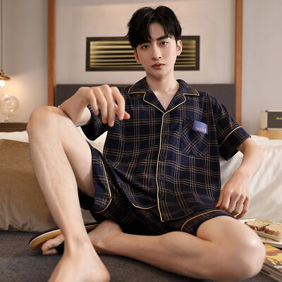 Férfi Slim Fit pamut kardigán hálóruha nyári otthoni ruhák rövid ujjú fehérnemű fiatal férfiaknak 5XL