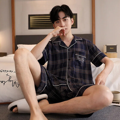 Férfi Slim Fit pamut kardigán hálóruha nyári otthoni ruhák rövid ujjú fehérnemű fiatal férfiaknak 5XL