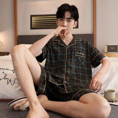 Férfi Slim Fit pamut kardigán hálóruha nyári otthoni ruhák rövid ujjú fehérnemű fiatal férfiaknak 5XL