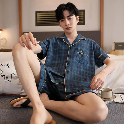 Férfi Slim Fit pamut kardigán hálóruha nyári otthoni ruhák rövid ujjú fehérnemű fiatal férfiaknak 5XL