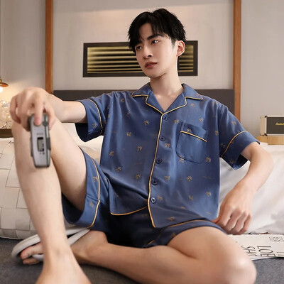 Férfi Slim Fit pamut kardigán hálóruha nyári otthoni ruhák rövid ujjú fehérnemű fiatal férfiaknak 5XL