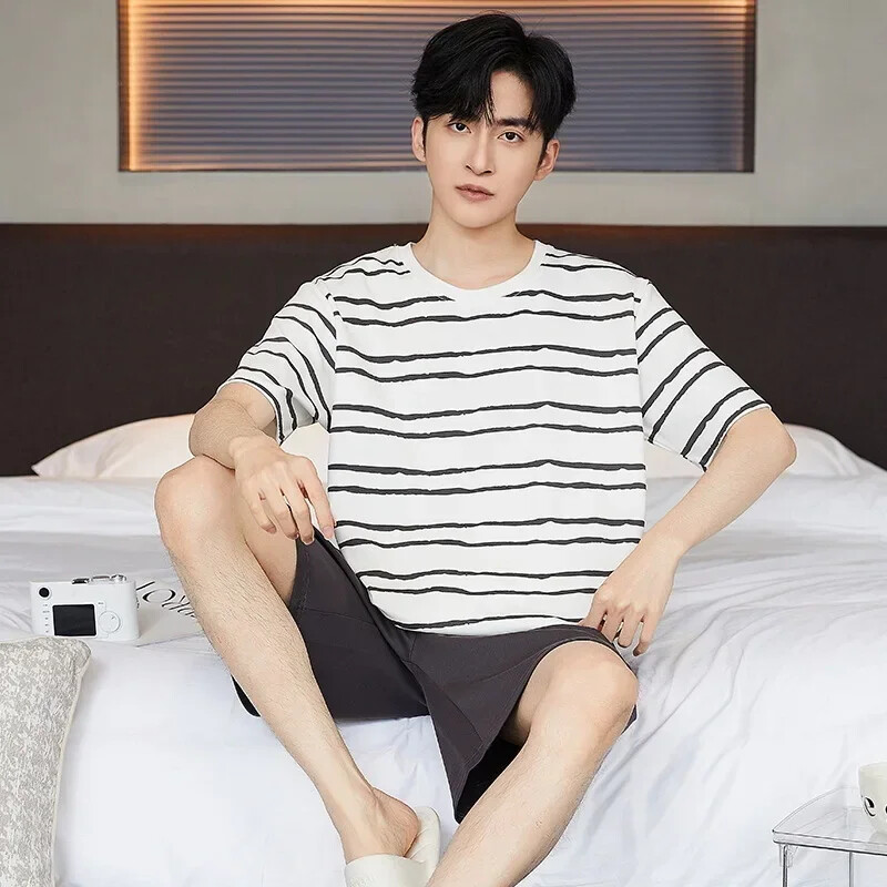 pamut Férfi pizsama felső és nadrág Nappaliruha Athletic Casual Laza hálóruha Szett masszív hálóruha Háziruha kétrészes öltöny