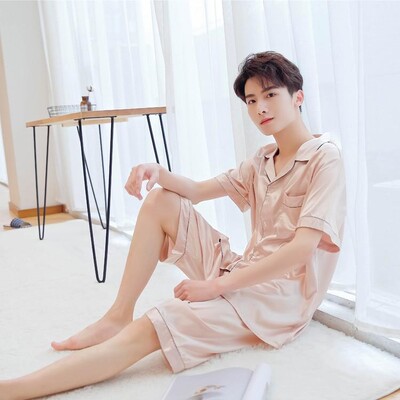 Tamnoplava muška satenska pidžama Komplet od 2 kom. košulja i hlače, pidžama veće veličine, odijelo, odijelo dugih rukava, dnevna odjeća, spavaćica, spavaćica, 3XL