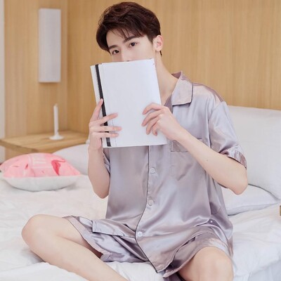 Tamnoplava muška satenska pidžama Komplet od 2 kom. košulja i hlače, pidžama veće veličine, odijelo, odijelo dugih rukava, dnevna odjeća, spavaćica, spavaćica, 3XL