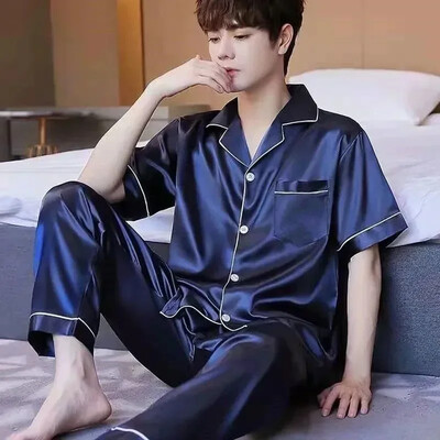 Rövid férfi selyem nyári szatén pizsama viselet pizsamához Lounge pizsama szín otthoni éjszakai nadrág pizsama szett ujjú férfi öltöny férfi tömör