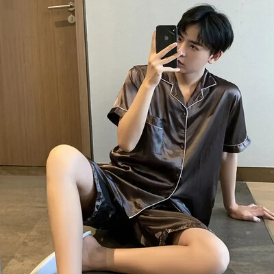 Rövid férfi selyem nyári szatén pizsama viselet pizsamához Lounge pizsama szín otthoni éjszakai nadrág pizsama szett ujjú férfi öltöny férfi tömör