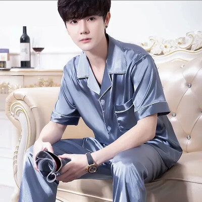 Rövid férfi selyem nyári szatén pizsama viselet pizsamához Lounge pizsama szín otthoni éjszakai nadrág pizsama szett ujjú férfi öltöny férfi tömör