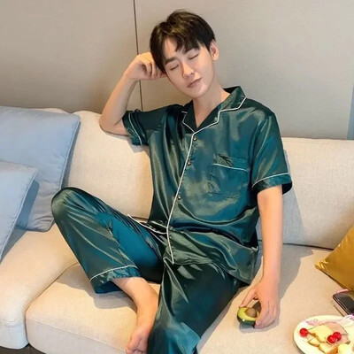 Rövid férfi selyem nyári szatén pizsama viselet pizsamához Lounge pizsama szín otthoni éjszakai nadrág pizsama szett ujjú férfi öltöny férfi tömör