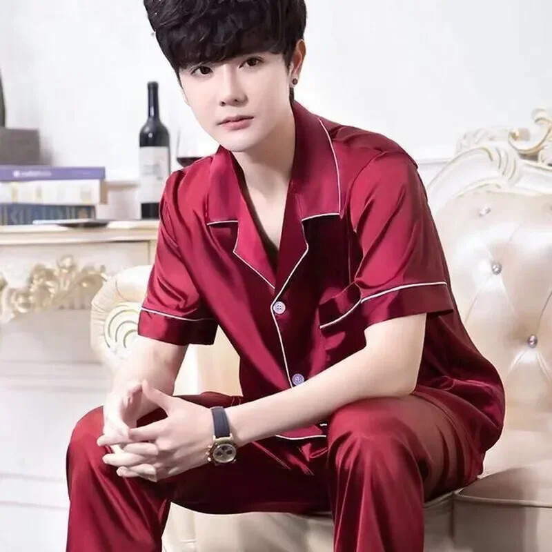 Rövid férfi selyem nyári szatén pizsama viselet pizsamához Lounge pizsama szín otthoni éjszakai nadrág pizsama szett ujjú férfi öltöny férfi tömör