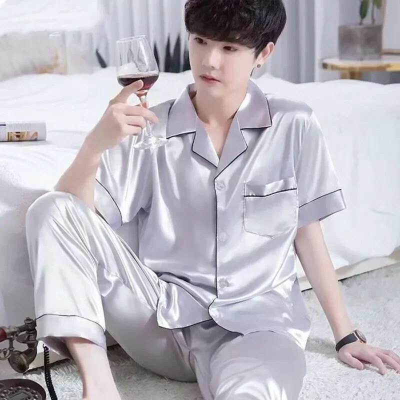 Rövid férfi selyem nyári szatén pizsama viselet pizsamához Lounge pizsama szín otthoni éjszakai nadrág pizsama szett ujjú férfi öltöny férfi tömör