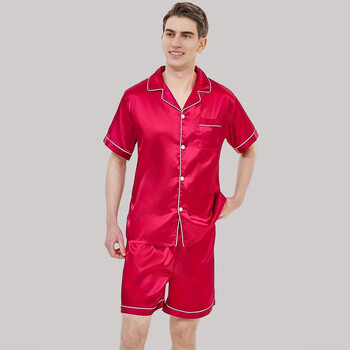 Ανδρικά Sleepwear Νέα Σετ Πυτζάμες Ανδρικά Καλοκαιρινό Ice Silk Ζακέτα κοντομάνικο σορτς Senior Sense Of Solid Color Πυτζάμες Homewear