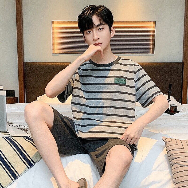 Pamut hálóruha Férfi Nagy méretű Cartoon Bear Diákpizsama Háziruházat Ifjúsági csíkos felsők és nadrágok Tömör hálóruha nappaliruha