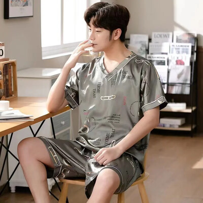 2024 Ice Silk pizsama Férfi nyári rövid ujjú, vékony szimulációs selyem pizsama alkalmi nagy méretű otthoni hálóruha, 2 részes készlet