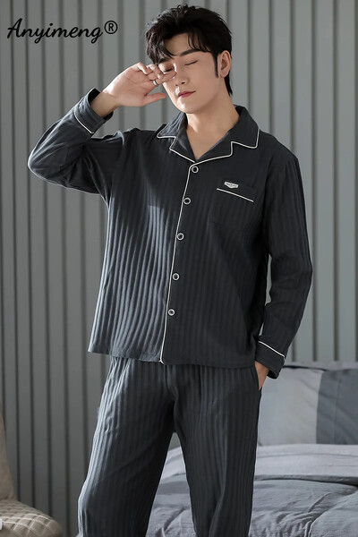 Бизнес Мъжко спално облекло за свободното време Жилетка Спално облекло за джентълмен Мъжки салонни облекла Есен Зима Комплект мека памучна пижама за мъж