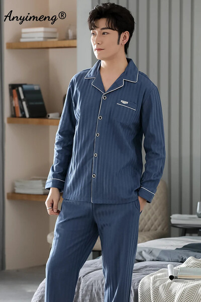 Бизнес Мъжко спално облекло за свободното време Жилетка Спално облекло за джентълмен Мъжки салонни облекла Есен Зима Комплект мека памучна пижама за мъж